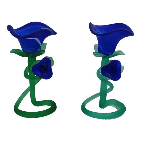 MURANO Cobalt Blue Rose Flower Tulip Art Glass Candle Candlestick Holder Vintage - Picture 7 of 11
